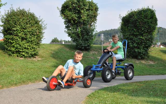 Zwei Jungs fahren Gokarts