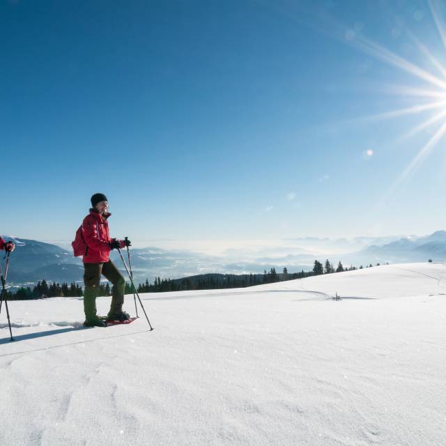 Schneeschuhwandern in Kärnten - Personen wandern im Schnee bei Sonnenschein