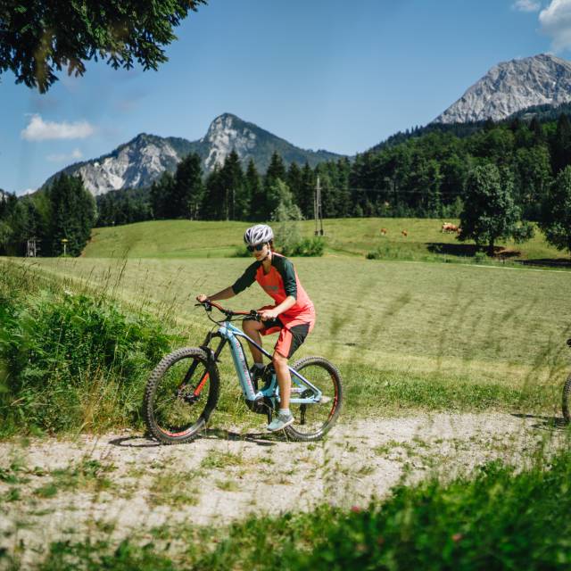 Radfahrer fahren einen Radweg entlang mit Bergblick