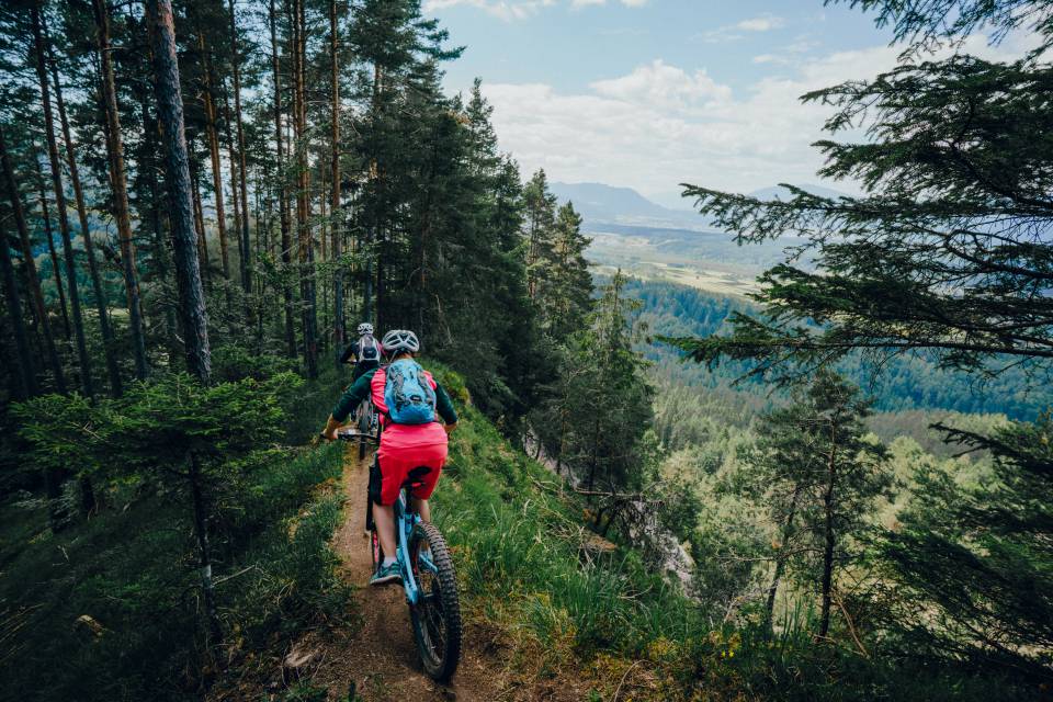 Mountainbiker fahren einen Trail entlang des Waldrands auf dem Berg